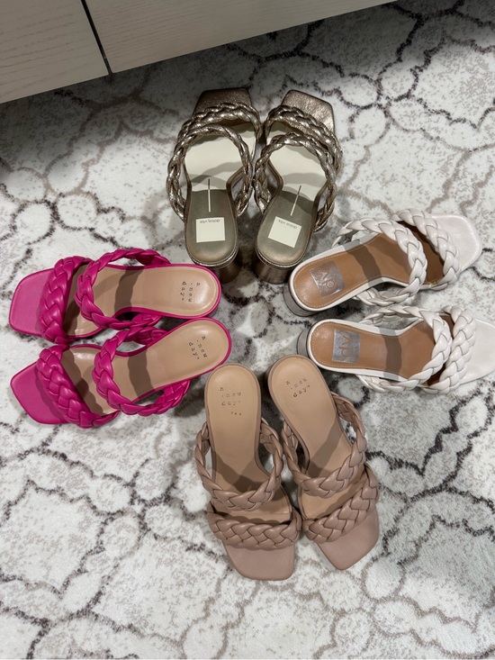 Shoes - Braided Strap Square-Toe Heeled Sandals in Pink, Taupe, off White, Metallic.